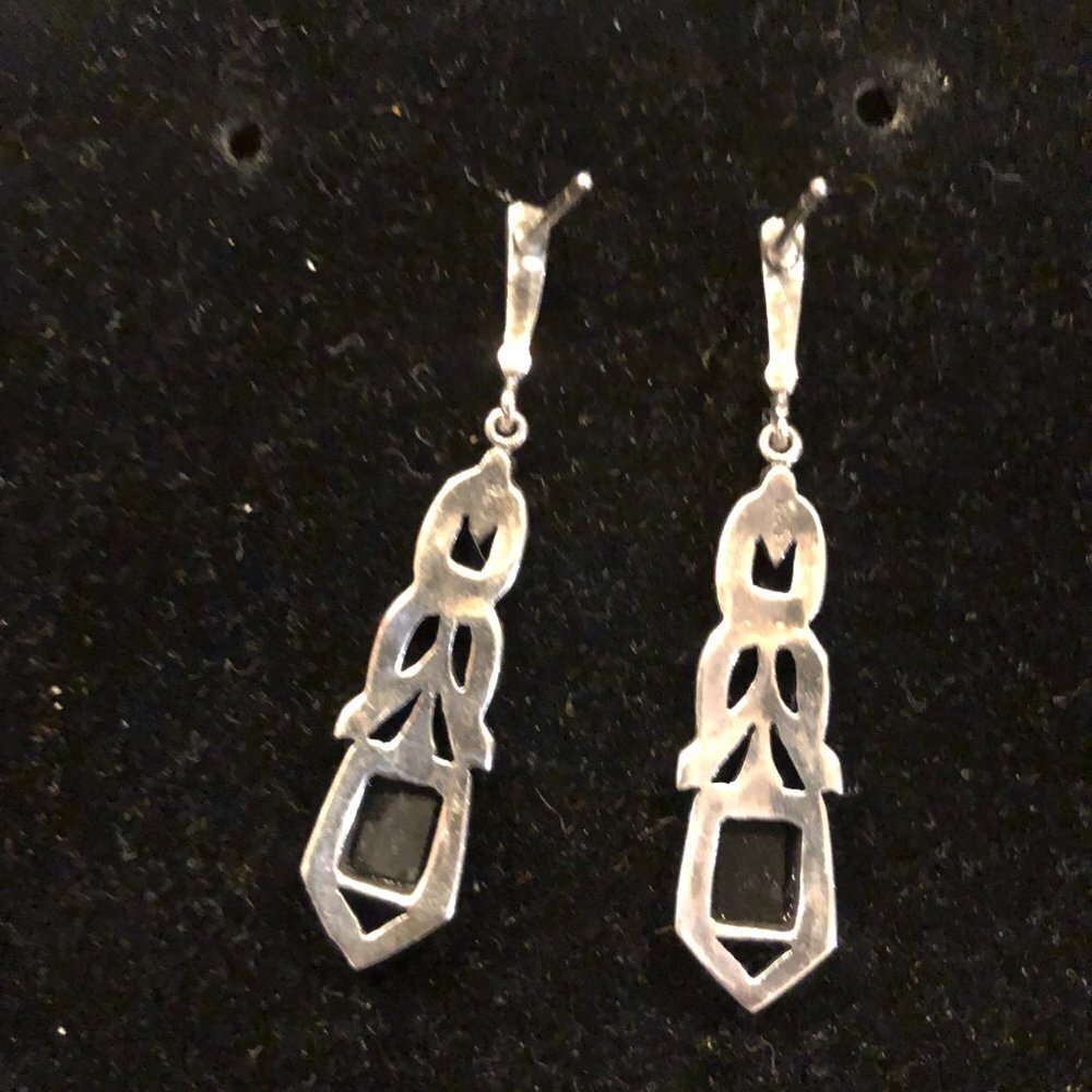 Sterling Silver Black Onyx Dangle Earrings Pierced 925 - Picture 3 of 4